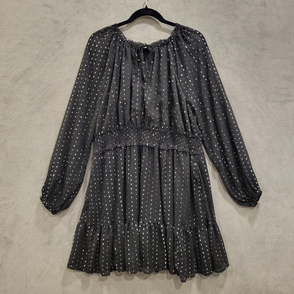 Old Navy‎ Mini Dress Womens 2X Black Waist-Defined Metallic Swiss Dot Smocked